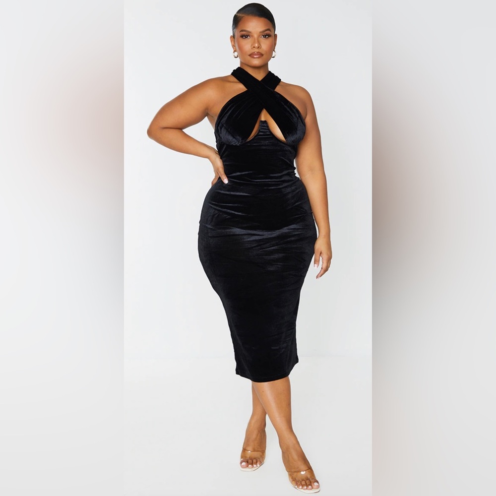 NWT Plus Size Black Velvet Underwired Cross Front Midi Dress